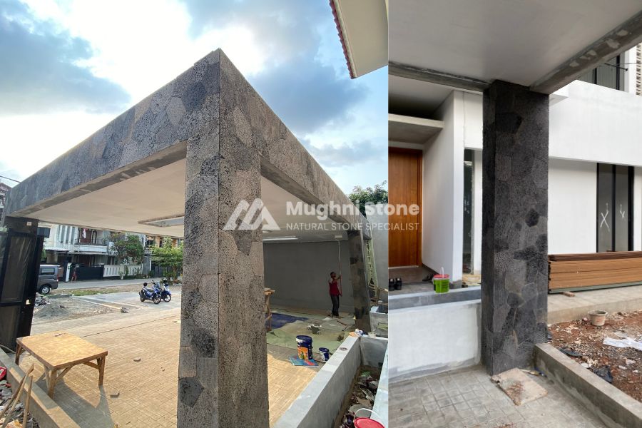 Pilar batu curi dengan potongan unik dan pola geometris pada rumah berarsitektur kontemporer