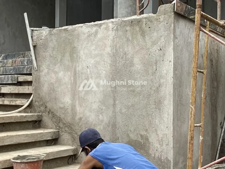 before - pemasangan batu curi untuk dinding tangga eksterior