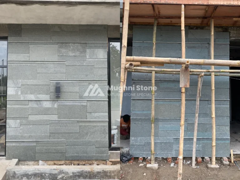 pemasangan batu andesit untuk dinding fasad