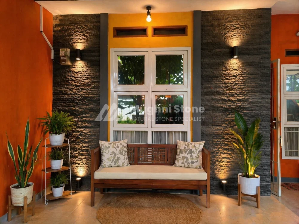 batu andesit susun sirih untuk dinding teras rumah