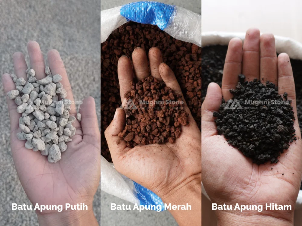 batu apung putih, merah dan hitam